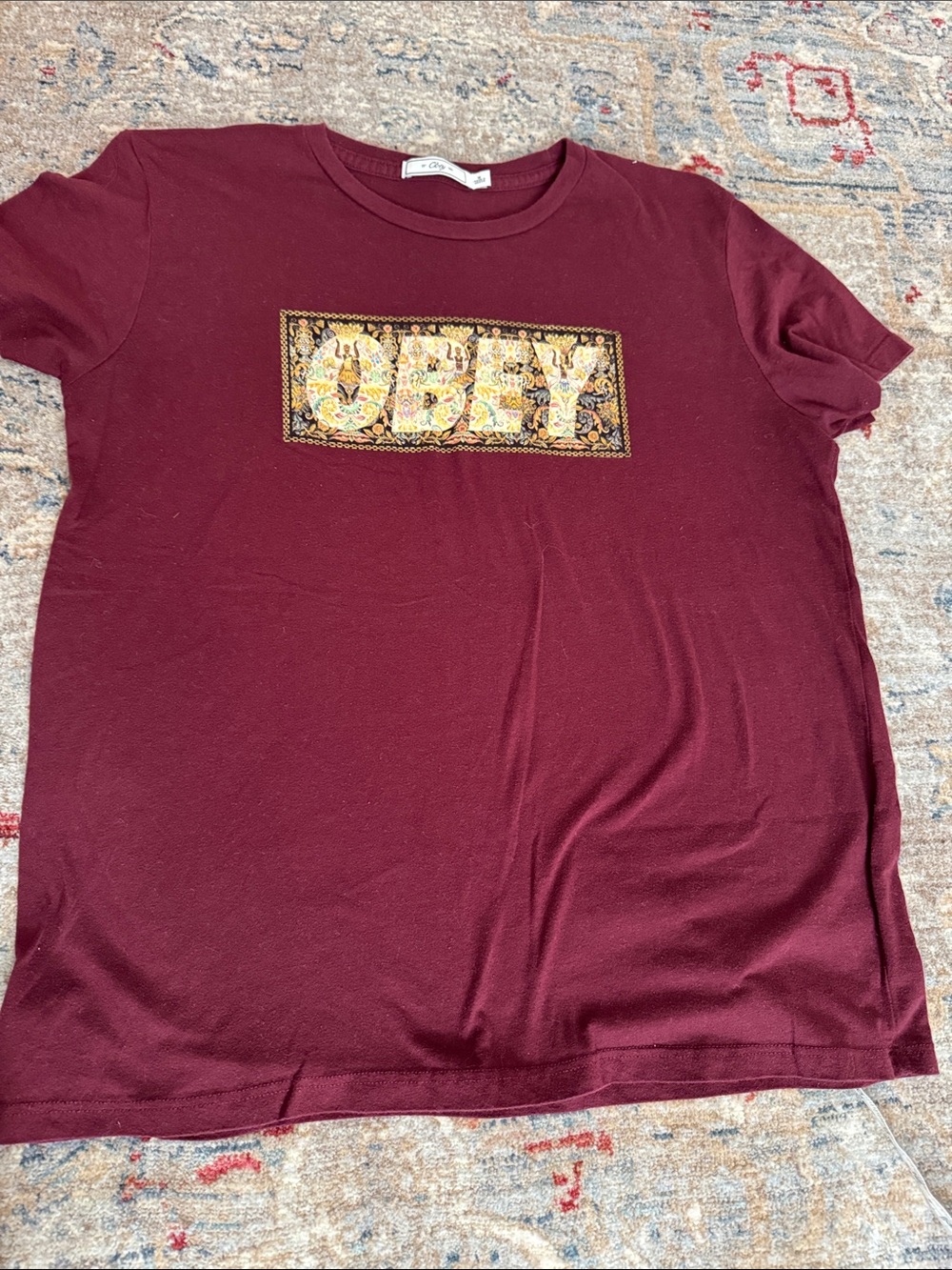 Obey Women's Short-Sleeve Graphic Tee - Maroon with Gold Medallion Logo